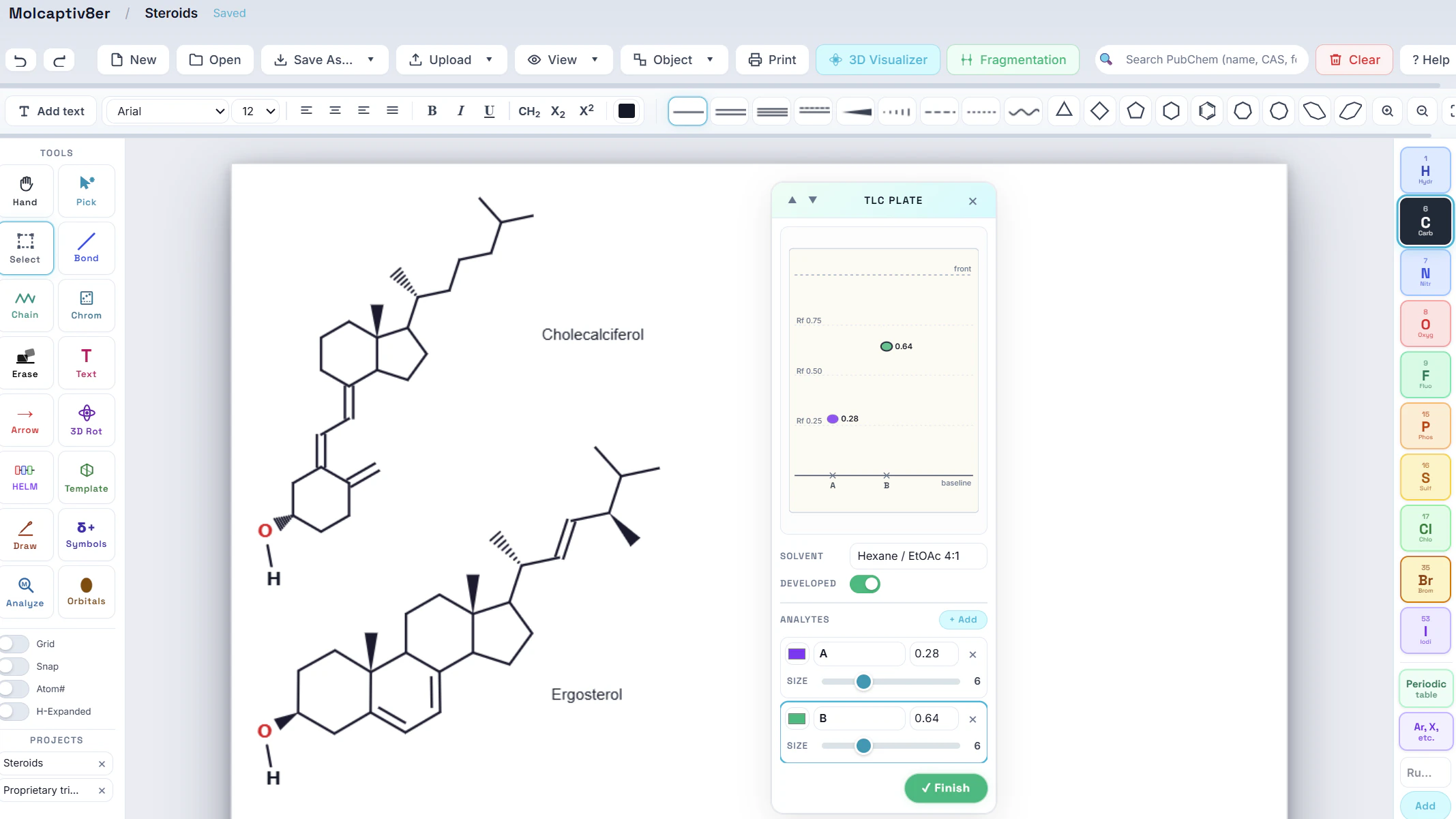 A molecular structure being drawn and analyzed in MolCaptiv8er